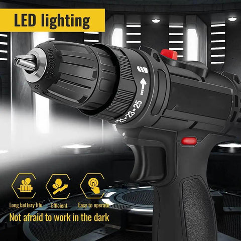 Rechargeable Cordless Drill And Electric Screwdriver Set Featuring 25 Plus 1 Torque Adjustments Dual Speed Alloy Chuck And Bright LED Light close-up of drill with LED lighting.
