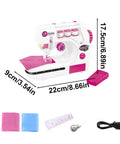 Kids Sewing Machine Toy With Realistic Pedal And Needle Threading For Needlework Practice showing dimensions and accessories