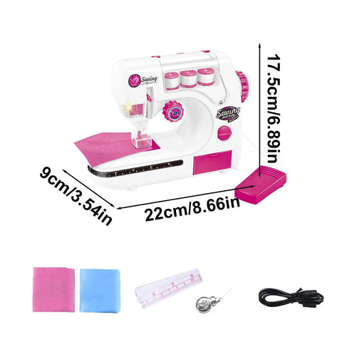 Kids Sewing Machine Toy With Realistic Pedal And Needle Threading For Needlework Practice showing dimensions and accessories