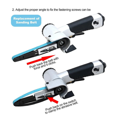 Professional Pneumatic Mini Belt Sander For Woodworking And Metalworking Lightweight Handheld Power Sander showing belt replacement process.