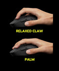 Ultra Lightweight Wireless Gaming Mouse With Dope Minimalist Build And Tight Sensor Tracking For Rapid Flick Shots And Featherlight Control In Jet Black held in both relaxed claw and palm grips.