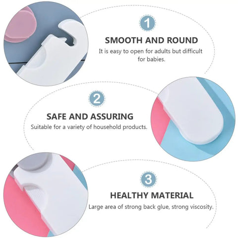 Infographic showing Three Pack Kid Safe Cabinet And Drawer Safety Locks Made From ABS Material With Smooth Round Design features