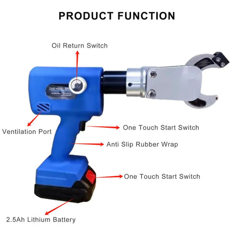 Close-up of Heavy Duty 65Mm Cordless Hydraulic Cable Cutter With Charging Base showing switches and battery features.