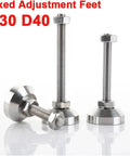 Rock Solid Adjustable Furniture Leveling Feet With Non Slip Stainless Steel Base Anti Wobble Threaded Glides For Uneven Floors Heavy Duty Shock Absorber Pack Of Two, showcasing three metallic adjustment feet with varied heights and bases.