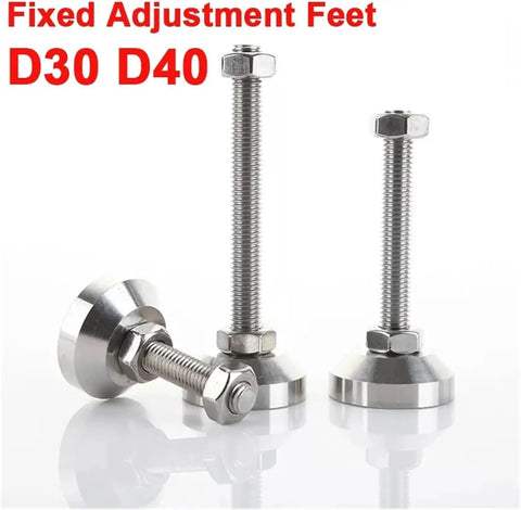 Rock Solid Adjustable Furniture Leveling Feet With Non Slip Stainless Steel Base Anti Wobble Threaded Glides For Uneven Floors Heavy Duty Shock Absorber Pack Of Two, showcasing three metallic adjustment feet with varied heights and bases.