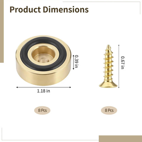 8 Piece Brass Cutting Board Feet With Non Slip Rubber Pads And Mounting Screws dimensions illustration