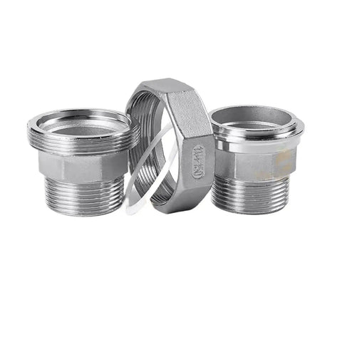 304 Stainless Steel Pipe Union Fittings BSPT One And One Quarter Inch One And One Half Inch Two Inch Three Inch Female To Male Thread Joint Connector DN50 Beefy Tube Adapter, showing connectors and thread details.
