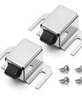 2 Pack Stainless Steel Shower Door Latch Replacement With Rust Proof Tip No Fuss Easy Install Soft Close Push To Close Design Adjustable U Slot Includes 4 Screws Universal Fit For Hinged Glass Doors, shown with two latches and four screws.