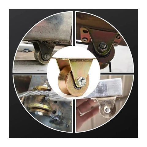 V Groove Caster Wheels 4 Pack 1.25 Inch Heavy Duty Sliding Gate Rollers With Precision Inner Bearings For Patio Doors Garage Shutters And Diy Gear Sweet Smooth Glide No Sweat Track Install in multiple angles showing design and installation.