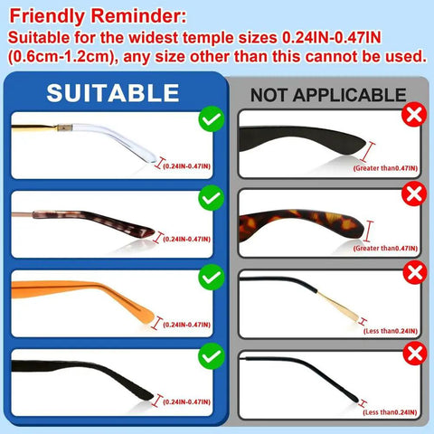 Chart showing suitable and not applicable temple sizes for 20 Pairs Anti Slip Silicone Eyeglass Ear Clips With Storage Box.