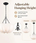 Finktonglan 19.7" White Pleated Fabric Chandelier, Farmhouse Pendant Light for Dining Room, shows adjustable chain height.