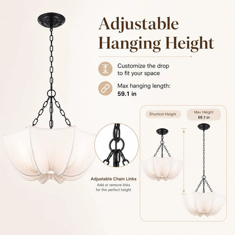 Finktonglan 19.7" White Pleated Fabric Chandelier, Farmhouse Pendant Light for Dining Room, shows adjustable chain height.