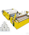 Automatic Toilet Paper Rewinder Machine Heavy Duty Tissue Production Line with rolls, bright yellow frame, plug and play setup.