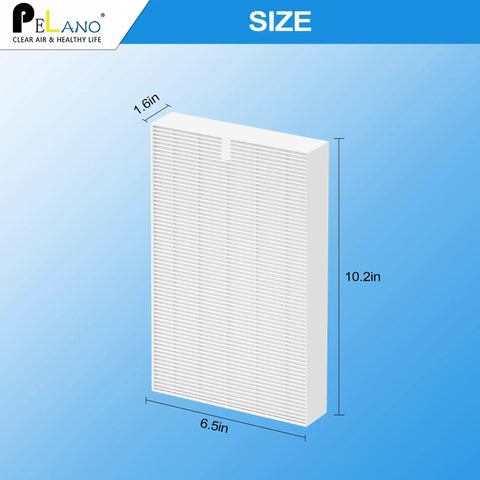 Six Pack Replacement Filter R For HPA300 Series Air Purifiers, 10.2x6.5x1.6 inches, dimensions on blue background.