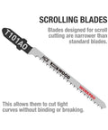 Pro Grade 25 Piece T Shank Jigsaw Blades With Heavy Duty Storage Case showing narrow HCS wood scrolling blade T101AO for tight curves.