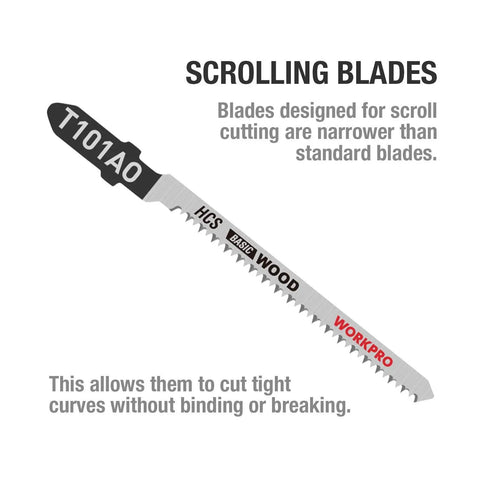 Pro Grade 25 Piece T Shank Jigsaw Blades With Heavy Duty Storage Case showing narrow HCS wood scrolling blade T101AO for tight curves.