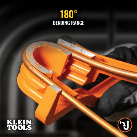 3-In-1 Tube Bender For 1/4, 5/16, And 3/8 Inch Tubing in use, showing 180-degree bend capability for HVAC and plumbing projects.