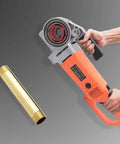 2300w Electric Pipe Threader Machine With Six Dies. Handheld power drive tool for threading iron pipes, showcased with brass pipe.