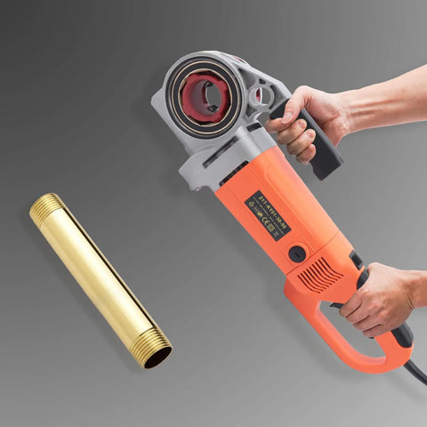 2300w Electric Pipe Threader Machine With Six Dies. Handheld power drive tool for threading iron pipes, showcased with brass pipe.