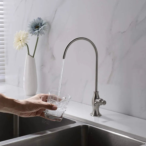 Lead-Free Stainless Steel Water Filter Faucet For Under Sink Filtration System, Brushed Nickel Finish, in use over sink