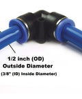 Close-up of blue tubing with a 1/2 inch OD fitting for Push To Connect Air Line Splitter Manifold Block Assembly.