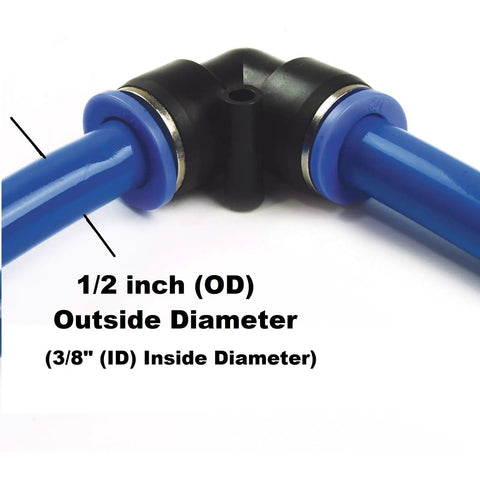 Close-up of blue tubing with a 1/2 inch OD fitting for Push To Connect Air Line Splitter Manifold Block Assembly.