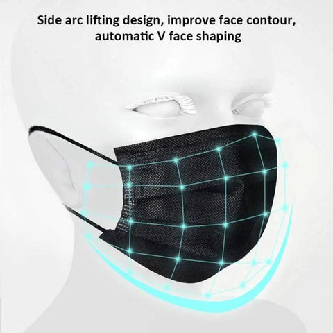 Black 3 Layer Disposable Face Masks Bulk Pack 500 Count ASTM Level 2 Medical Grade Protection with soft elastic and fit model diagram.