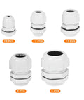 All-In-One 52-Piece Cable Gland Kit Set With 1/4, 3/8, 1/2, 3/4, 1 Inch Nylon Grey Cable Connectors displayed in various sizes
