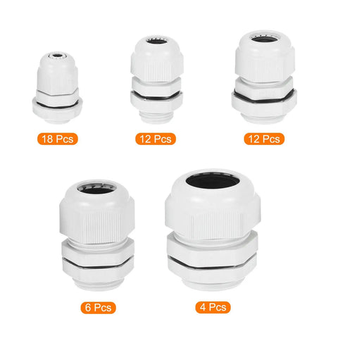 All-In-One 52-Piece Cable Gland Kit Set With 1/4, 3/8, 1/2, 3/4, 1 Inch Nylon Grey Cable Connectors displayed in various sizes