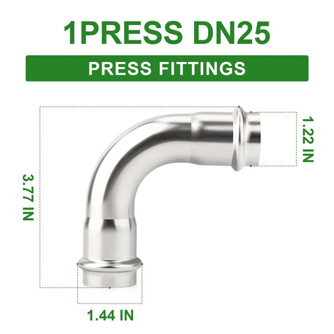 Front view of a 1-inch stainless steel 304 press slip 90-degree elbow plumbing fitting.
