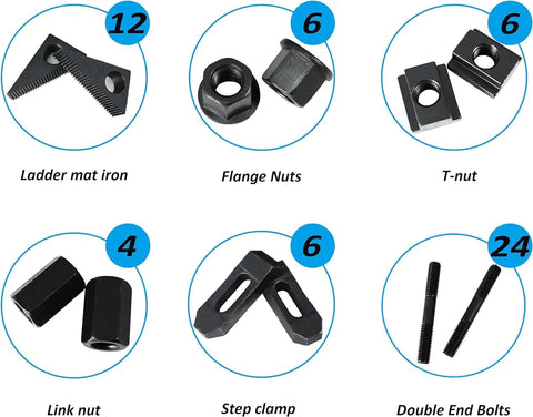 Heavy Duty Hold Down Clamp Set 58 Piece For Bridgeport Milling Machines with serrated clamps, flange nuts, T-nuts, step clamps.