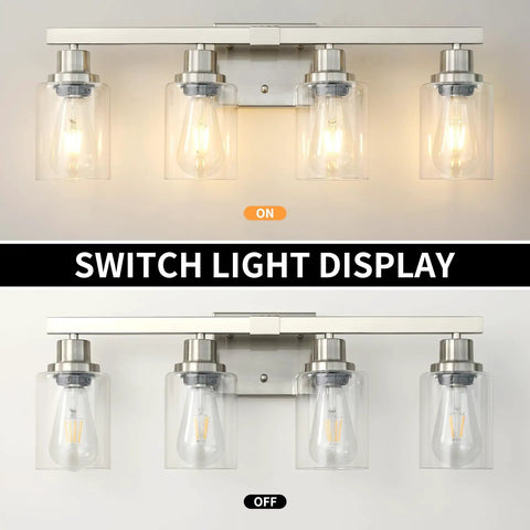 Four Light Brushed Nickel Bathroom Vanity Light with Clear Glass Shades, Modern Matte Wall Sconce, shown lit and unlit.