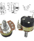 Diagram and close-up of 10K Ohm Rotary Potentiometer with Switch and Alloy Knob, Single Turn Variable Resistor for DIY Electronics