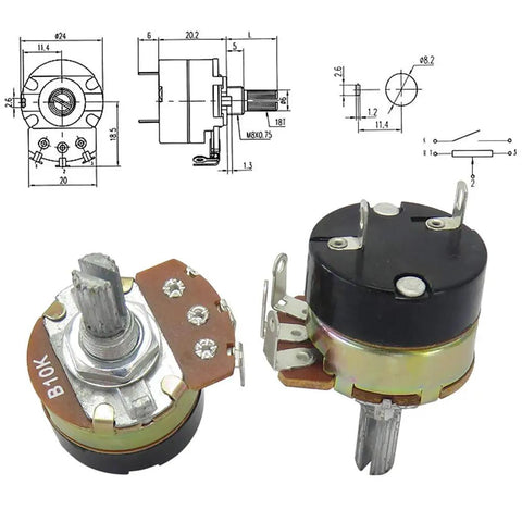 Diagram and close-up of 10K Ohm Rotary Potentiometer with Switch and Alloy Knob, Single Turn Variable Resistor for DIY Electronics