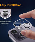 Easy install 3 Pack Camera Lens Protector for iPhone 15 and 14 6.1 inch, Plus iPhone 15 Plus and 14 Plus 6.7 inch, showing nano adsorption
