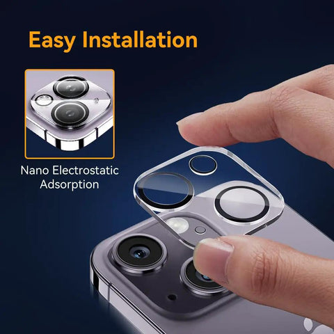 Easy install 3 Pack Camera Lens Protector for iPhone 15 and 14 6.1 inch, Plus iPhone 15 Plus and 14 Plus 6.7 inch, showing nano adsorption