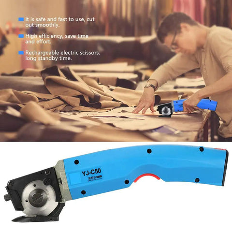 Person using Cordless Electric Scissors Rotary Cutter 3 Point 6V Rechargeable 4500 RPM 35W for fabric cutting on table.