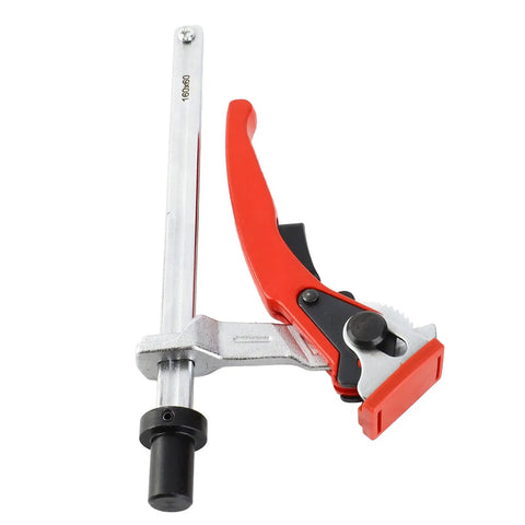 Quick Acting Hold Down Clamp For Woodworking Benches, red and silver ratchet press, alloy steel and zinc alloy, 16mm columns