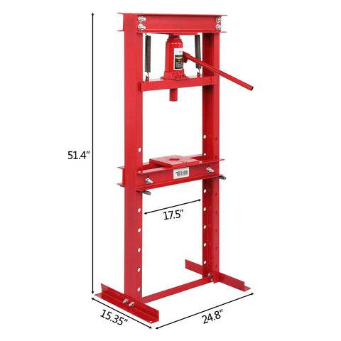 Front view of 12 Ton Hydraulic Shop Press with Adjustable H-Frame, 51.4 in high, benchtop table height, red for auto and metalworking.