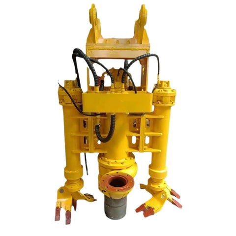 Excavator Hydraulic Submersible Slurry Cutter Pump Heavy Duty Dredge And Sand Extraction Tool with yellow hydraulic arms and cutter.