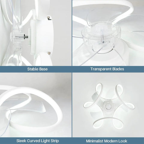 Dope Ceiling Fan With Light Low Profile Flush Mount Bladeless 6 Speeds Dimmable 3 Color Temperatures App And Remote Control Reversible Ultra Quiet Motor 20.5 Inch Geometric Fandelier For Living Room Bedroom Kitchen White, showcasing stable base, transparent blades, sleek curved light strip, and minimalist modern look.