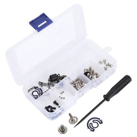 Super Tight Industrial Sewing Machine Screw Kit With Stainless Steel Shrapnel And Needle Parts To Fix Presser Feet Bobbins Fast in a clear toolbox.
