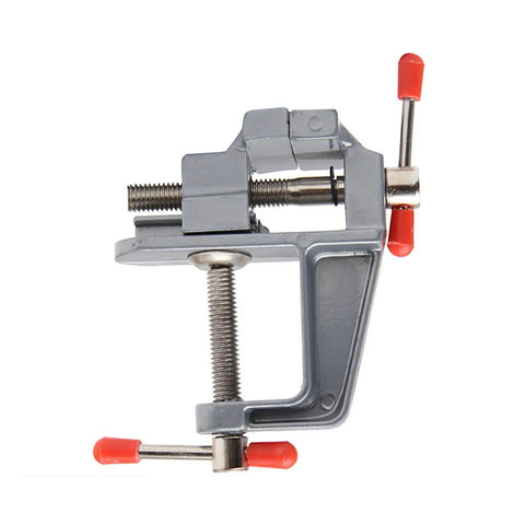 Premium Clamp On Vise With A Quick 35mm Jaw Opening For Workbenches, gray high carbon die cast, images showing jigs and grips.