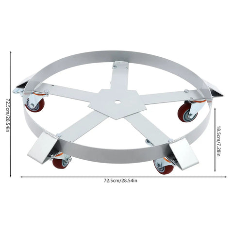 Heavy Duty Steel Drum Dolly For 55 Gallon Barrels With Cross Braces And 4 Swivel Casters, Industrial Drum Handling Cart, 1250 Lb Load Capacity, Gray Finish, Ideal For Warehouses And Shops. Top view with dimensions