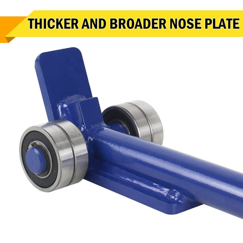 Heavy Duty Pry Lever Bar Workhorse With Wheels And Four Wheel Bearings Three Ton Load Capacity Four And A Half Foot Steel Handle showing wheels