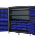 Huge Gray Storage Cabinet With 212 Blue Bins For Quick Organizing And Easy Access, sturdy cabinet with open doors showing blue bins.