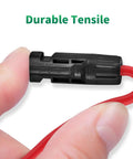 Close-up of 10 AWG solar panel extension cable connector in red, part of 20 Feet 10 AWG Solar Panel Extension Cables With Pre Fitted Connectors Red And Black For Outdoor Use Heavy Duty Copper Wire 30A DC 1000V IP67 Weatherproof Plug And Play Quick Connect Durable Power Run.