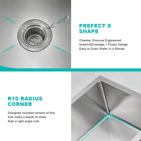 Undermount 15x15 Inch Kitchen Sink In Brushed T304 Stainless Steel Handmade Single Bowl Bar And Prep Sink For Small Kitchens features X shape and R10 corners.