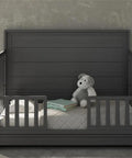 Crib with Universal Wood Toddler Guardrail for crib to toddler bed transition, gray finish, sturdy safety rail, easy install