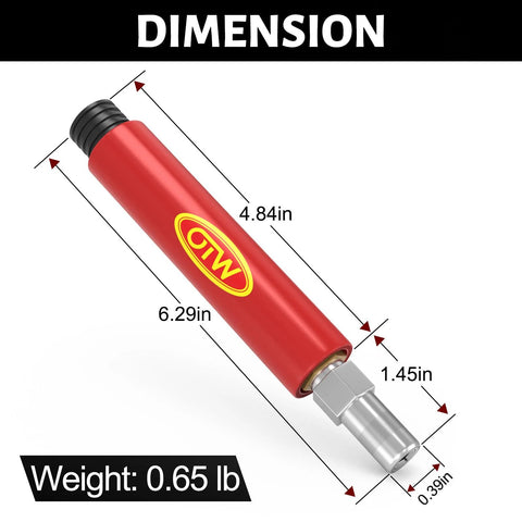 Red grease-fitting cleaning tool with MW logo; metal body and silver adapter, automotive maintenance tool